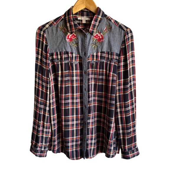 Women’s Plaid Button Up Blouse Floral Embroidery Western Rodeo Medium Fall Horse - Picture 1 of 9